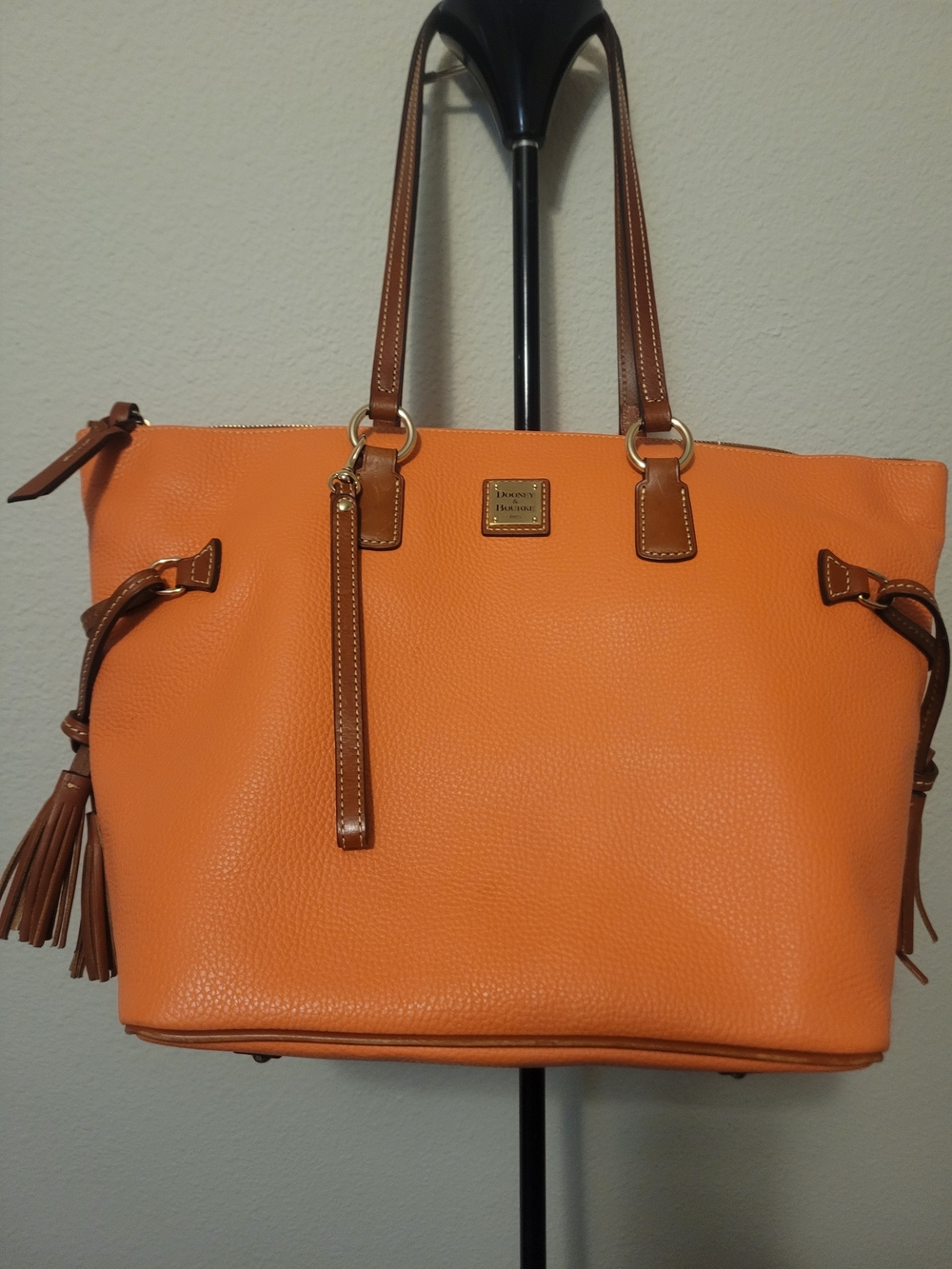 Dooney & Bourke Orange Pebbled Leather Tote with Tan Trim and Tassel